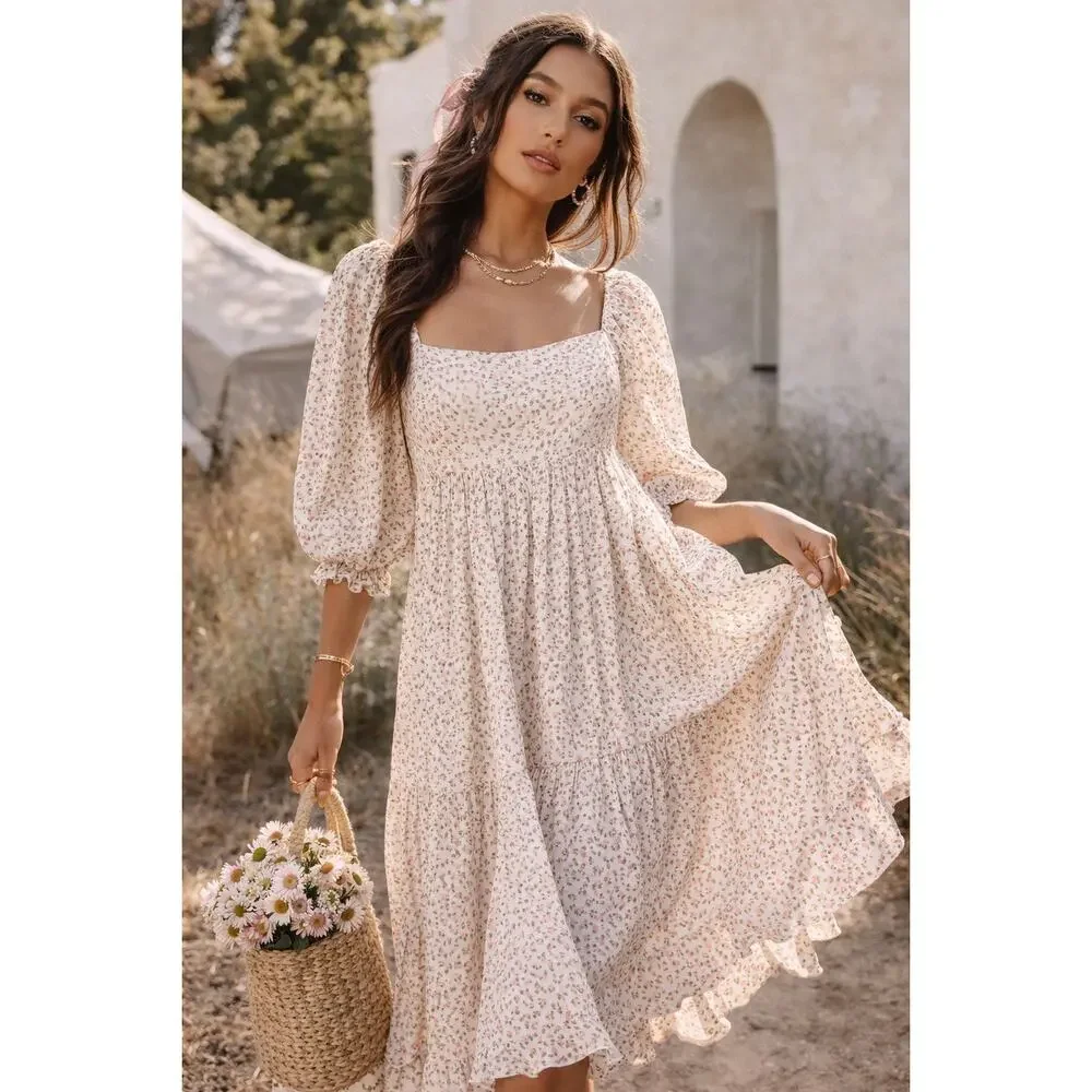 STORIA NWOT Floral Puff Sleeve Tiered Maxi Dress Summer Fairycore Preppy Boho - Picture 1 of 15
